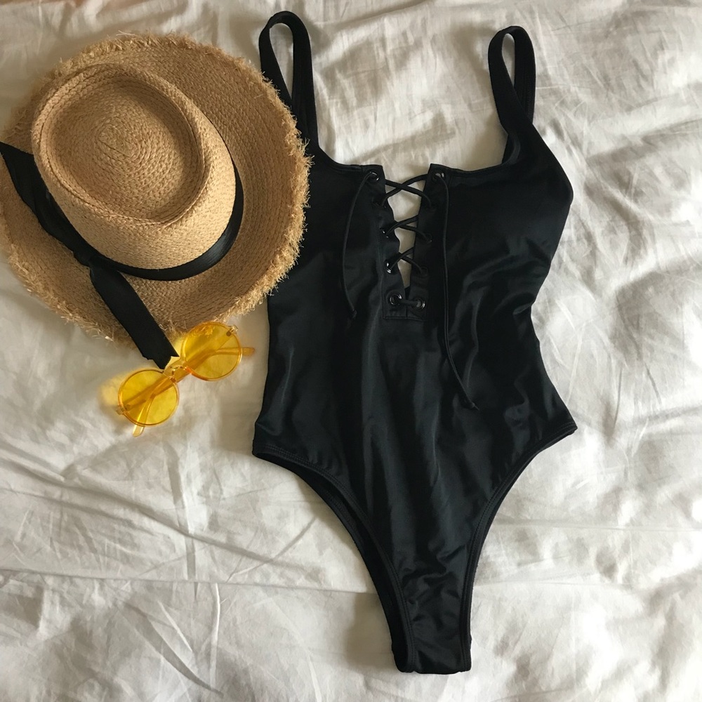 Black lace up one piece swim